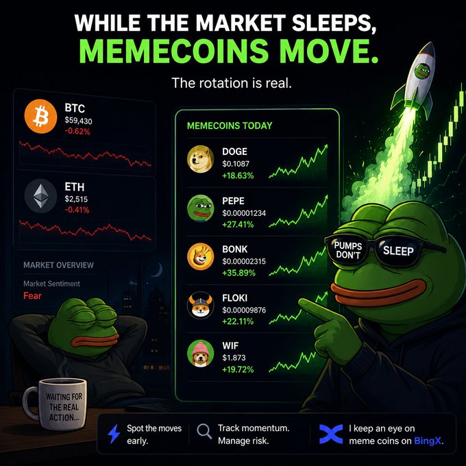 Meme-style cryptocurrency infographic titled 'WHILE THE MARKET SLEEPS, MEMECOINS MOVE,' showing BTC and ETH declining while memecoins like DOGE, PEPE, BONK, FLOKI, and WIF rise, featuring Pepe the Frog characters and a BingX promotion.