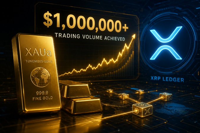 A promotional graphic featuring a gold bar labeled 'XAUa Tokenized Gold 999.9 Fine Gold' alongside an XRP Ledger logo, with text highlighting '$1,000,000+ Trading Volume Achieved' and a rising chart.