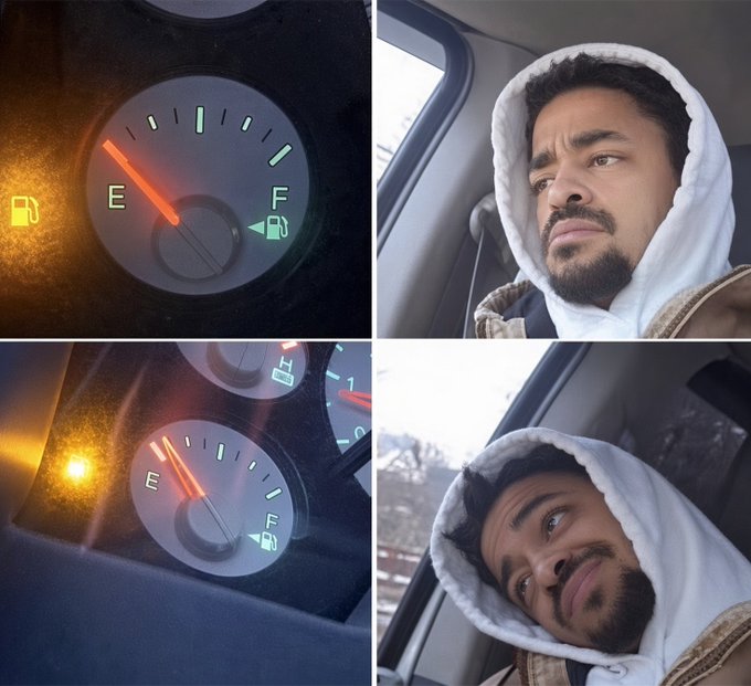 A four-panel meme showing a man in a hoodie looking concerned alongside photos of a car's fuel gauge near empty with a warning light illuminated.