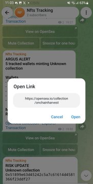 A mobile phone screenshot showing Nfts Tracking app notifications about a wallet being targeted by suspicious mining activity, with a pop-up dialog asking to open a link to OpenSea collection 'onchainharvest'.