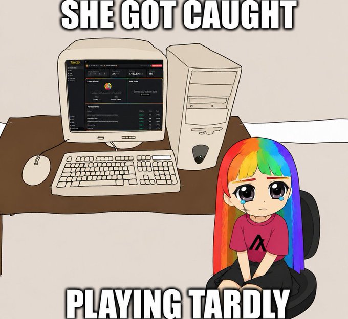 An anime-style illustration shows a crying girl with rainbow hair sitting on a chair next to a vintage computer, with bold text reading "SHE GOT CAUGHT PLAYING TARDLY".
