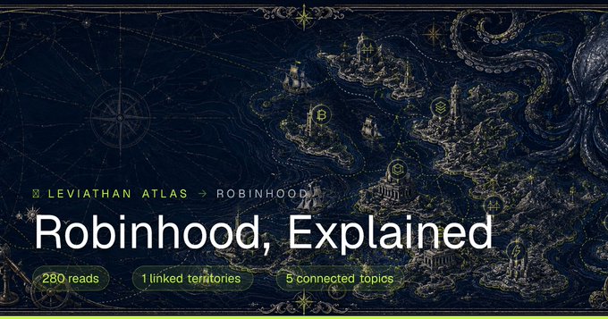A digital article header reading 'Robinhood, Explained' over a dark fantasy-style map, tagged with 'LEVIATHAN ATLAS' and '280 reads, 1 linked territories, 5 connected topics.'