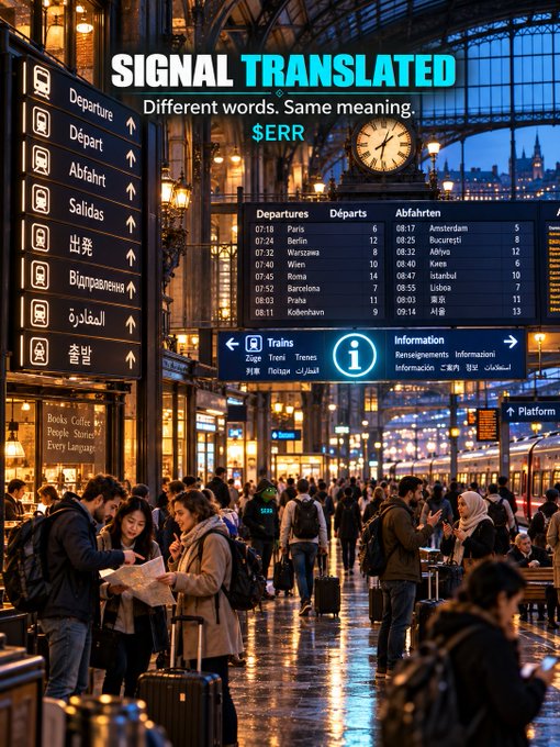 A busy train station scene with multilingual departure signs in various languages, topped with the text 'SIGNAL TRANSLATED - Different words. Same meaning. $ERR'.