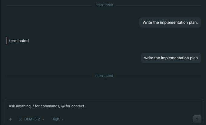 A dark-themed chat interface showing an interrupted conversation with a 'terminated' message, user inputs 'Write the implementation plan.' and 'write the implementation plan', with model 'GLM-5.2 High' at the bottom.