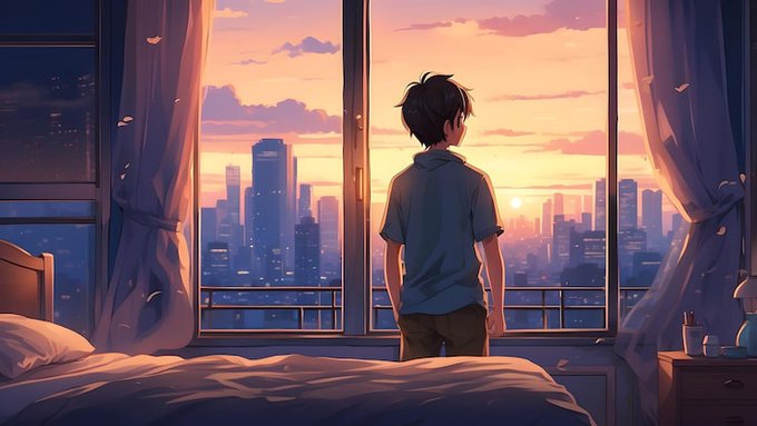 The image features a young boy standing by a window, looking out at the city skyline below. The scene takes place in an apartment with a bed visible next to him. There are also two bottles placed near the bed. The background of the image is dominated by buildings and skyscrapers, creating a sense of urban atmosphere. The caption for this image reads: "Good morning, Web3 fam! Coffee up, keys safe, let’s stack and ship today! New day, new blocks, new opportunities! Waking up bullish, let's make it happen!".