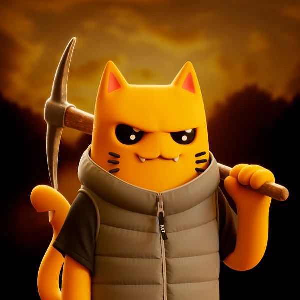 A 3D-rendered orange cat with an angry expression wears a gray puffer vest and holds a pickaxe over its shoulder.
