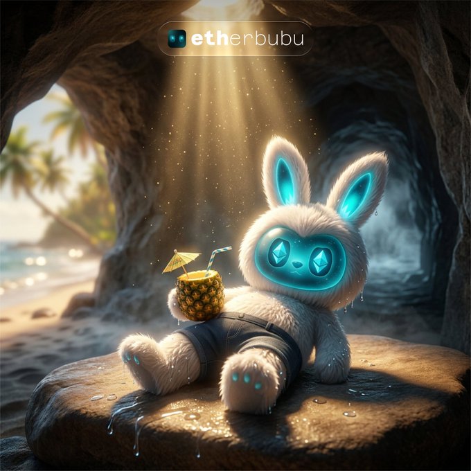 The image features an adorable furry creature with glowing blue eyes and ears relaxing in a sunlit cave, sipping a tropical pineapple drink under a beach setting, with the text "etherbubu" displayed at the top. This whimsical scene captures the post's message about surviving crypto projects, portraying the creature as a relaxed survivor weathering the storm while enjoying the calm before the next bull run.