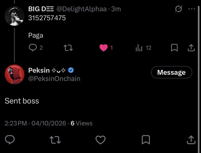 A Twitter/X post by user 'Peksin' (@PeksinOnchain) reads 'Sent boss' with 6 views, posted at 2:23 PM on 04/10/2026.