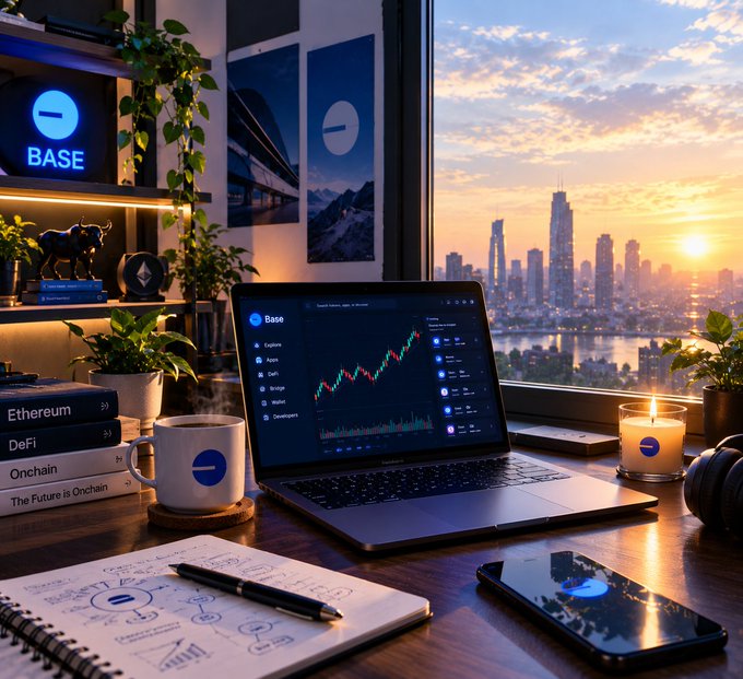 A laptop displays a 'Base' cryptocurrency trading chart next to a steaming coffee mug branded 'BASE', with a sunset skyline, books labeled 'Ethereum', 'DeFi', and 'Onchain', and a phone on the desk.