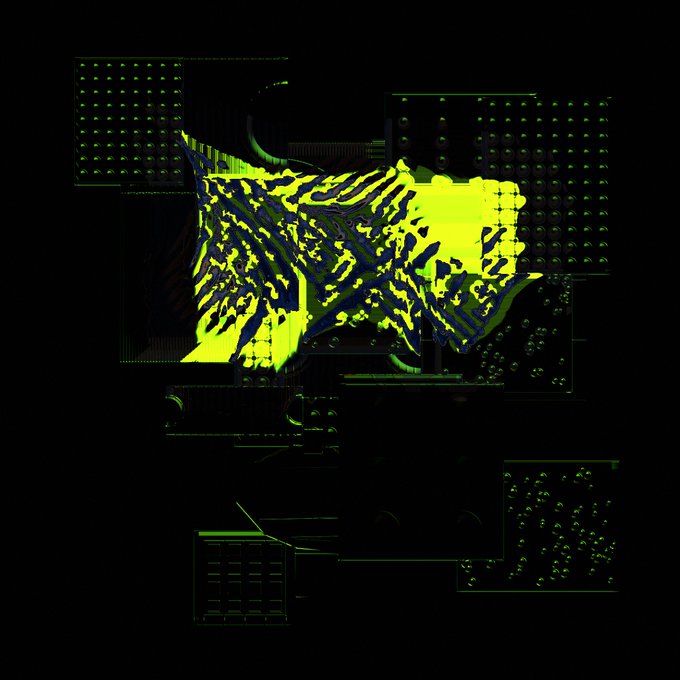 A glitchy, distorted digital artwork featuring abstract neon green, yellow, and dark blue patterns overlaid on circuit board-like grid designs against a black background.