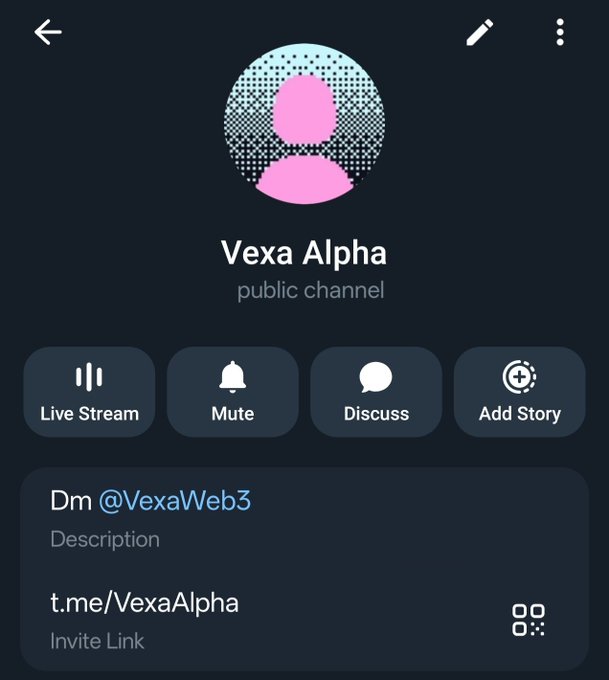 A dark-themed channel page titled “Vexa Alpha” is marked “public channel,” with buttons for “Live Stream,” “Mute,” “Discuss,” and “Add Story,” plus links “@VexaWeb3” and “t.me/VexaAlpha.”