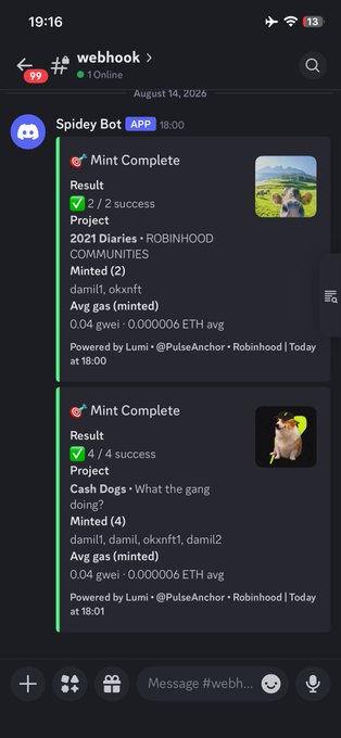 Discord screenshot showing Spidey Bot mint complete notifications for NFT projects '2021 Diaries × ROBINHOOD COMMUNITIES' (2/2 success) and 'Cash Dogs × What the gang doing?' (4/4 success), with details on gas fees.