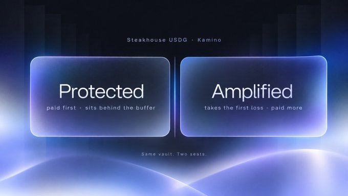 A promotional graphic for "Steakhouse USDG" by Kamino showing two options: "Protected" (paid first, sits behind the buffer) and "Amplified" (takes the first loss, paid more), with the tagline "Same vault. Two seats."