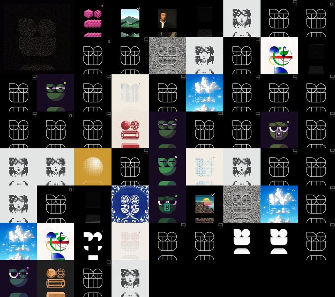 Grid of NFT artwork thumbnails featuring Space Invaders characters, pixel art, glitch art, and various digital images on dark backgrounds.