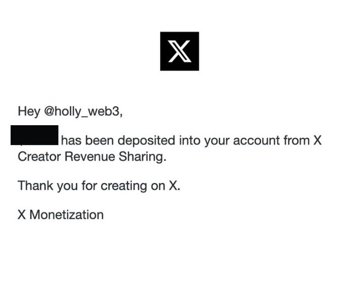 An X (formerly Twitter) Creator Revenue Sharing email notification addressed to @holly_web3 confirming a deposit into their account.