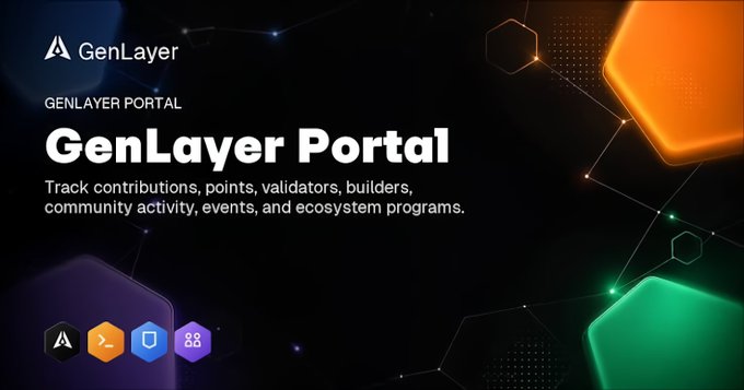 The image is a promotional banner for the "GenLayer Portal," featuring the GenLayer logo and tagline about tracking "contributions, points, validators, builders, community activity, events, and ecosystem programs," alongside colorful hexagonal icons. It visually reinforces the post's message that GenLayer is an active, operational project, showcasing a functional portal to highlight the ecosystem's running initiatives like FUD Markets and the Internet Court consortium.