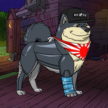 The image features a cartoon dog wearing a bandana with the letters "BAC" on it, standing on a wooden floor next to a door. The background of the image includes a house and trees, creating an urban setting for the scene. In the corner of the image, there is a caption that reads: "Every ape needs a doggo and my new mutant just got paired finally Had to fix his broken leg in the can but you know, I'm a Doctor What a gud match". This caption seems to be related to the cartoon dog's situation.
