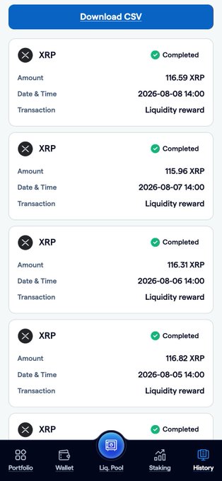 A mobile dashboard screenshot displays a series of completed XRP liquidity rewards, with recent transactions ranging from 116.31 to 116.59 XRP dated between August 5-8, 2026, all marked as completed under the "Liq. Pool" tab with navigation options for Portfolio, Wallet, Staking, and History visible at the bottom.