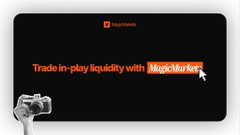 Dark-themed digital advertisement with orange text reading 'Trade in-play liquidity with Magic Markets' alongside an arcade-style joystick graphic.