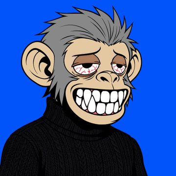 A cartoon illustration of a gray monkey character with bloodshot eyes, a wide toothy grin, and a black turtleneck sweater against a solid blue background.