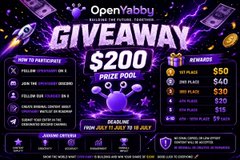 An 'OpenYabby GIVEAWAY' promotional graphic advertising a $200 prize pool with rewards tiers ranging from VIP Pass to 5th Place.