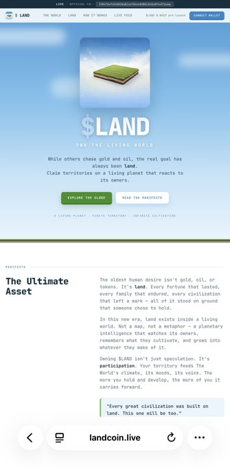 A website landing page for $LAND, marketed as 'The Ultimate Asset' at landcoin.live, describing a living planet where civilizations grow.