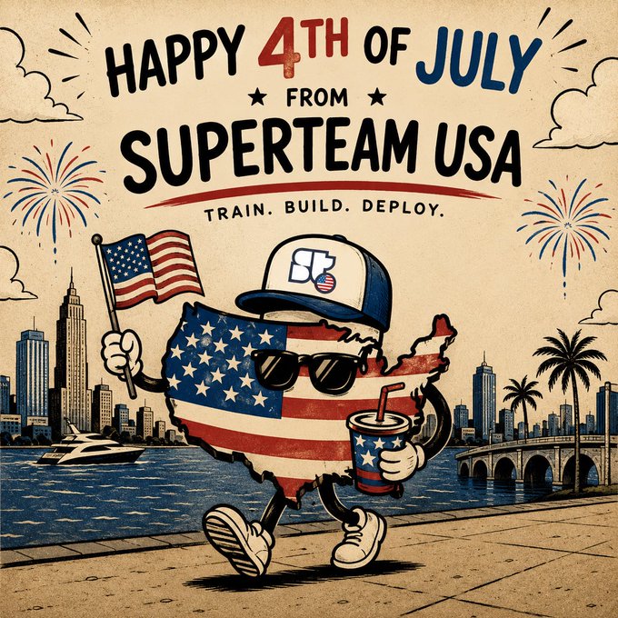 A patriotic Fourth of July graphic featuring a cartoon USA character wearing a cap and sunglasses, holding a flag and cup, with the text 'Happy 4th of July from Superteam USA - Train. Build. Deploy.'
