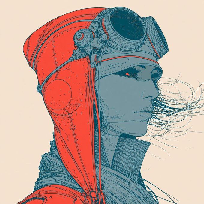 A profile illustration of a figure in profile wearing a red aviator-style cap with vintage goggles, rendered in a limited two-tone red and blue color palette, serving as a "GM" (good morning) greeting image.