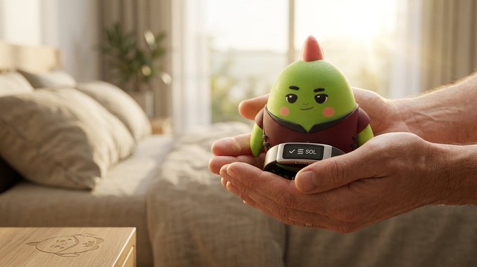 A plush green toy character with a pointed head, wearing a maroon vest with a 'SOL' label, held in cupped hands against a bedroom background.