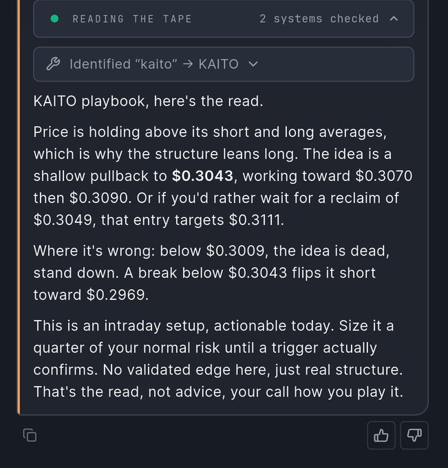 A dark-themed chat interface showing a KAITO crypto trading analysis with price levels at $0.3043, $0.3070, $0.3090, $0.3049, $0.3111, $0.3009, and $0.2969, describing a long bias setup with entry and invalidation points.
