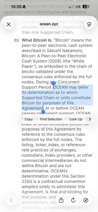 The image shows a highlighted passage from ocean.xyz's Terms of Service defining "Bitcoin" and explicitly granting OCEAN the contractual authority to determine which supported chain qualifies as Bitcoin. This visually supports the post's claim that Ocean rewrote its terms to give itself unilateral power over Bitcoin's chain definition.