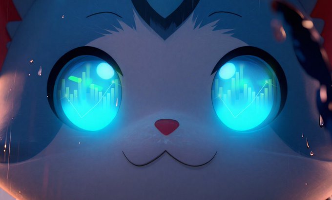A close-up of a stylized blue cat-like character with large glowing cyan eyes that display green candlestick financial charts.