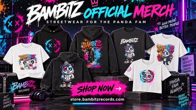 A promotional advertisement for 'BAMBITZ OFFICIAL MERCH' showcasing streetwear including hoodies and t-shirts with panda-themed designs, directing viewers to 'SHOP NOW' at store.bambitzrecords.com.