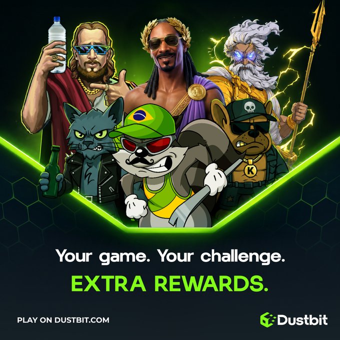 Dustbit online casino advertisement featuring cartoon mascots (a wolf, a mouse with a Brazilian cap, and a bulldog) with men styled as Zeus, a rapper, and a warrior, promoting 'Your game. Your challenge. EXTRA REWARDS.' at PLAY ON DUSTBIT.COM.