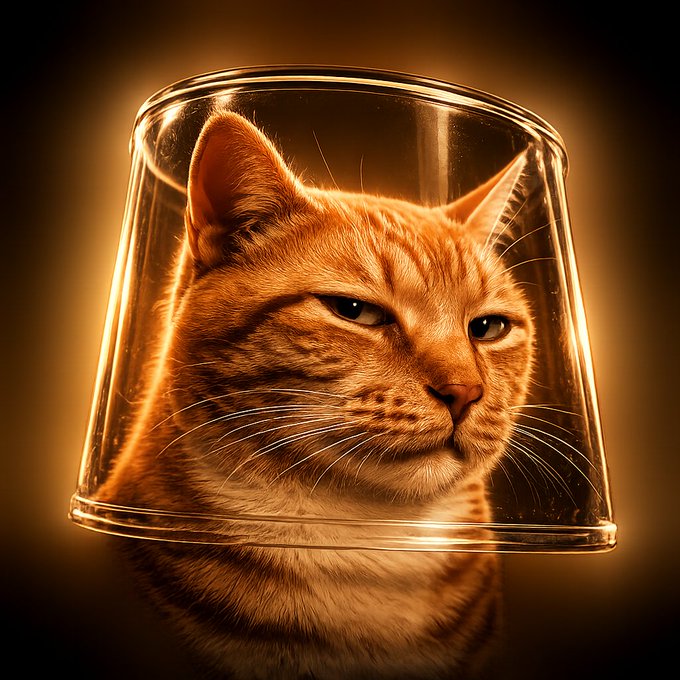 An orange tabby cat is depicted with an unamused expression, its head encased in a clear glass or plastic dome against a dark background.