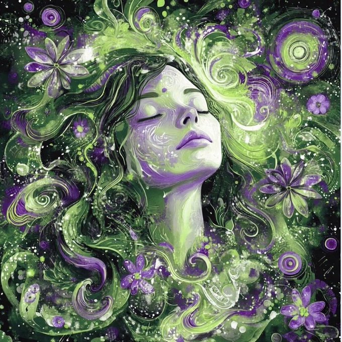 A fantastical digital artwork of a serene woman's face with closed eyes, enveloped by swirling green and purple vines, glowing flowers, and magical-looking circular motifs.