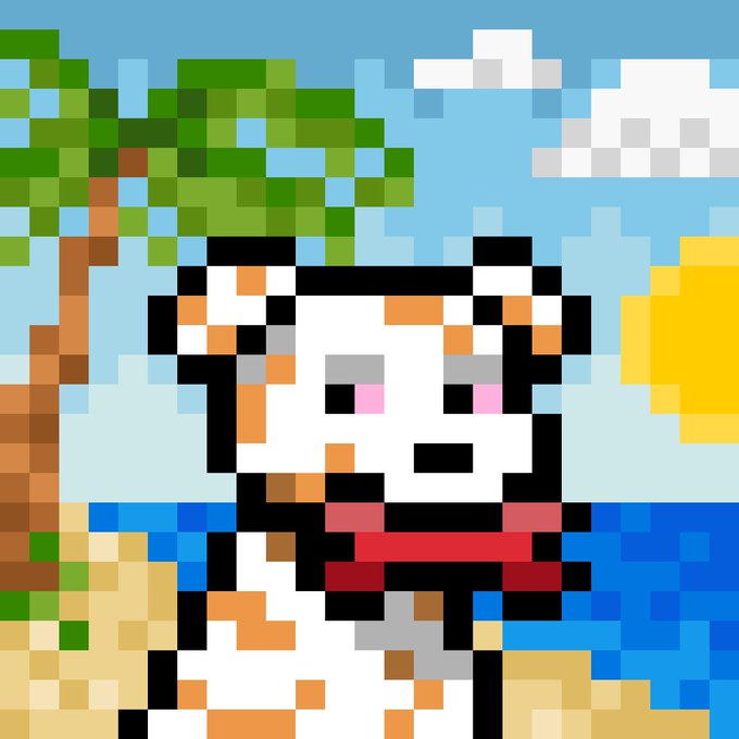 A pixel art scene of a cat wearing a red scarf on a tropical beach with a palm tree, sun, and ocean, complementing the "GMONDEE Say it back?" post as a cute, summery response image.