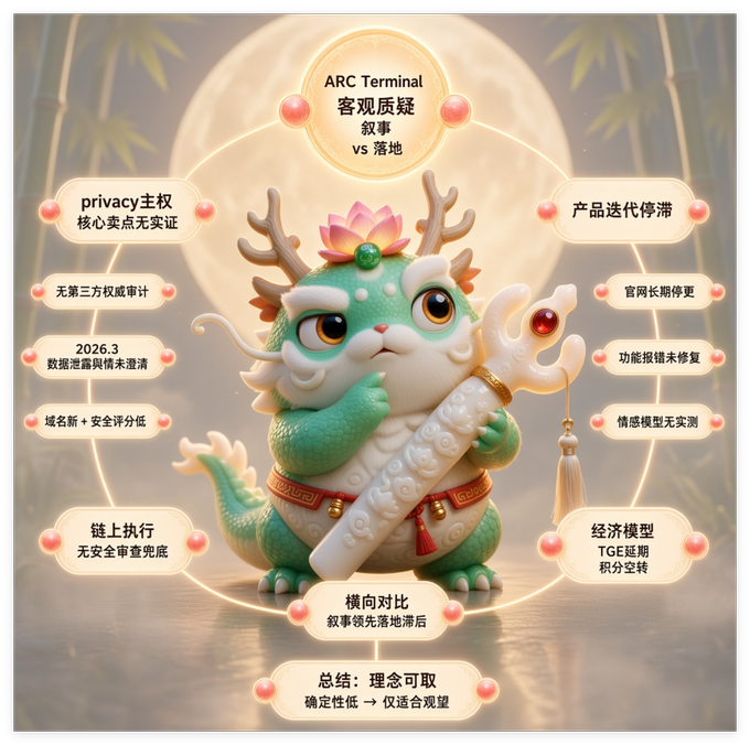An infographic featuring a cute green dragon mascot surrounded by Chinese text boxes discussing the ARC Terminal, covering topics like privacy rights, on-chain execution, product iteration, and economic model concerns, with a conclusion at the bottom.