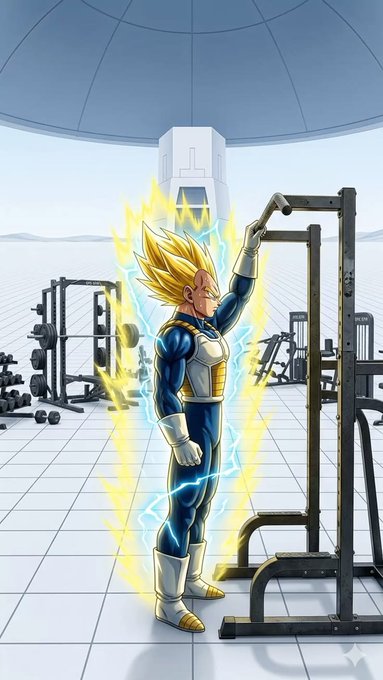 An AI-generated or digital artwork of a Super Saiyan character (resembling Vegeta from Dragon Ball) in a gym setting, surrounded by yellow energy aura, using a pull-up bar.