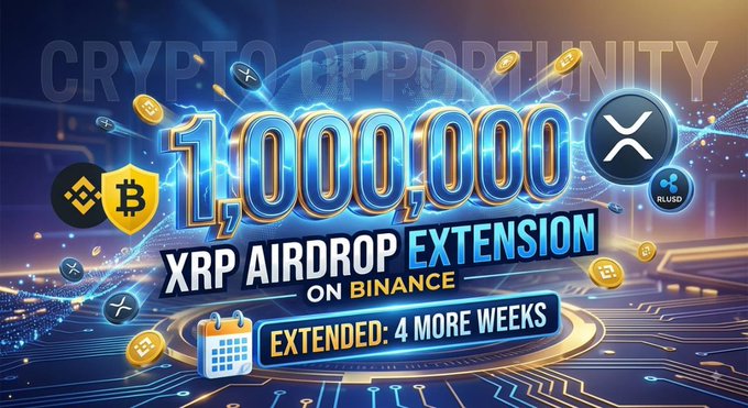 A vibrant digital promotional banner announces the "CRYPTO OPPORTUNITY 1,000,000 XRP AIRDROP EXTENSION ON BINANCE — EXTENDED: 4 MORE WEEKS," featuring logos for Bitcoin, Binance, XRP, and RLUSD alongside floating coin graphics, visually reinforcing the headline news about Binance's extended Ripple USD (RLUSD) airdrop campaign running August 14–September 11, 2026.