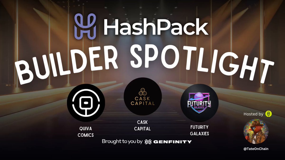 The image features a banner for a hashtagpack called "Builder Spotlight" with three logos, including one of a comic titled "Spirits. Comics. Cards. Shining a spotlight on Hedera Builders Shipping Real Utility." The text on the banner reads "Hashing pack. Builder spotlight. Hedera builders shipping real utility. Own a barrel. Publish a comic. Earn royalties forever. Gameplay. All on Hedera. @CaskCapital |".