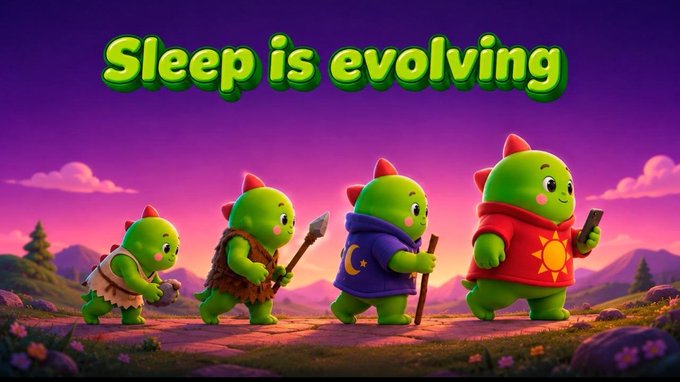 Four green dinosaur-like characters march in an evolutionary progression from cavemen to a modern figure in a sun-patterned sweater holding a smartphone, under the bold green text "Sleep is evolving" against a purple sunset sky. The image cleverly illustrates the concept behind $SLEEP and the Sleepagotchi platform—showing how sleep/wellness tools have evolved from primitive to advanced AI-driven agents that can act on your needs.