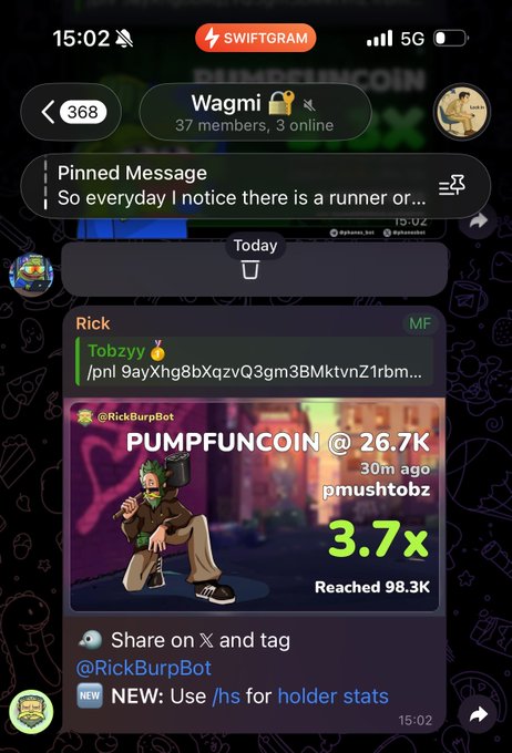 A Telegram chat screenshot in the 'Swiftegram' app shows a message from 'Rick' with a bot tag '@RickBurpBot' promoting 'PUMPFUNCOIN @ 26.7K' that 'Reached 98.3K' with a 3.7x multiplier.