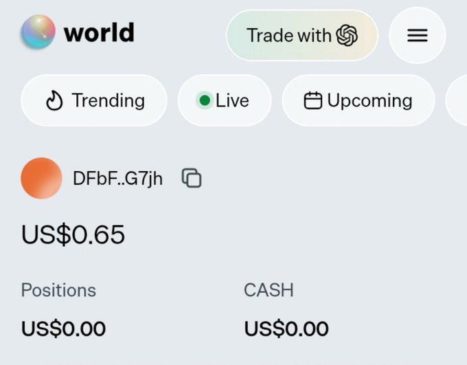 A World App trading interface shows a token labeled "DFbF..G7jh" priced at US$0.65, with zero positions and zero cash balance, illustrating the user's complaint about World/Paybox's questionable practices and safety concerns surrounding their token launches.