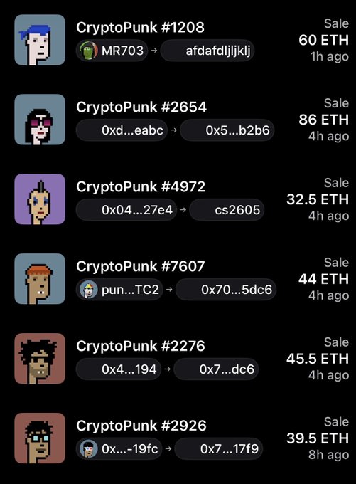 The image displays a list of six recent CryptoPunk sales, including CryptoPunk #1208 for 60 ETH, #2654 for 86 ETH, #4972 for 32.5 ETH, #7607 for 44 ETH, #2276 for 45.5 ETH, and #2926 for 39.5 ETH, with transactions occurring between 1 to 8 hours ago. The post about "Grail hunting day for Cryptopunks" likely refers to collectors seeking rare or highly sought-after Punk avatars, as reflected in the notable sale prices shown in the activity feed.