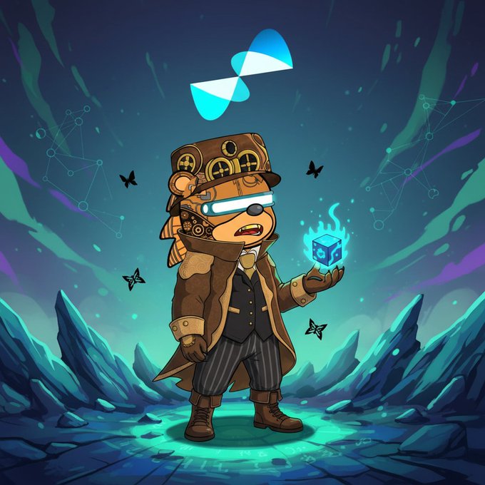 The image features a cartoon bear dressed in a suit, holding a blue cube with a flame inside of its hand. The background shows a rocky landscape under a dark sky filled with stars. The caption reads "Good night quippers just checked out account.quip.network and it loaded perfectly. Quantum wallet is live and ready for action. No forks no waiting and no moving assets at all. Real randomness is shining through every".