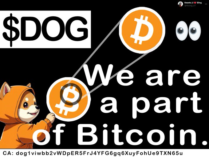 A promotional graphic for $DOG cryptocurrency featuring a Shiba Inu character in an orange hoodie, Bitcoin logos, and the text 'We are a part of Bitcoin.' with a contract address at the bottom.