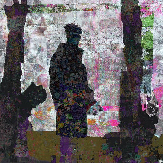 An abstract mixed-media artwork features a dark silhouette of a seated figure against a textured, layered background of pink, purple, and teal hues.