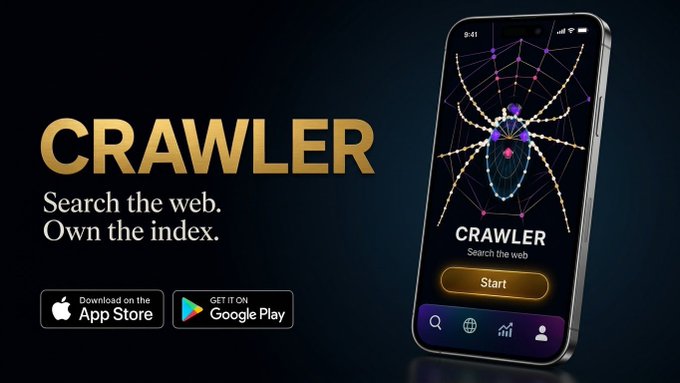 A promotional advertisement for an app called 'CRAWLER' with the tagline 'Search the web. Own the index.', featuring a smartphone displaying the app interface with a spider web graphic and a glowing 'Start' button, alongside App Store and Google Play download badges.