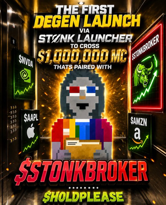 A crypto meme promoting '$STONKBROKER' as 'THE FIRST DEGEN LAUNCH VIA STONK LAUNCHER TO CROSS $1,000,000 MC' featuring pixel art characters and references to $NVDA, $AAPL, and $AMZN stocks.